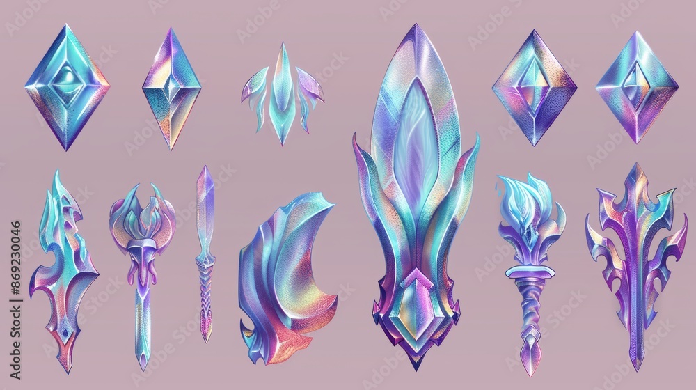 Decorative geometric glass figure with hologram effect. Modern geometric design elements of different shapes and iridescent gradient colors. Minimal objects with prism reflections. Decorative geometric glass figure with hologram effect. Modern geometric design elements of different shapes and iridescent gradient colors. Minimal objects with prism reflections.