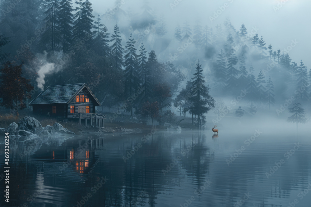 Fototapeta premium In the evening, the lake at the foot of the mountain and the small wooden houses on the shore