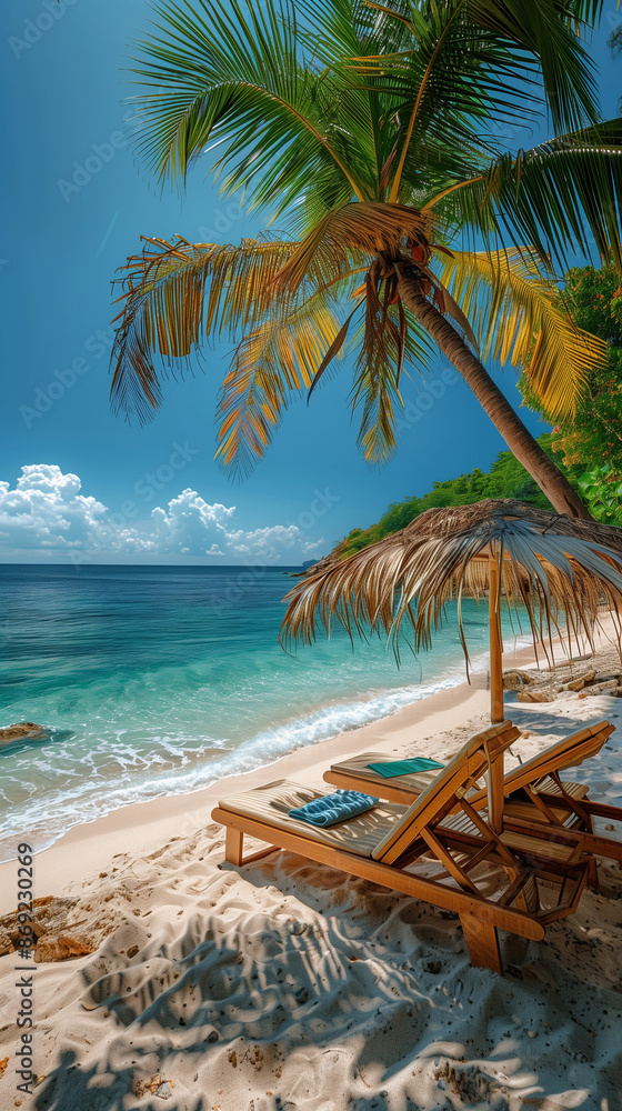 beach with coconut trees and Lounge chairs and palm leaf parasols beach with coconut trees and Lounge chairs and palm leaf parasols