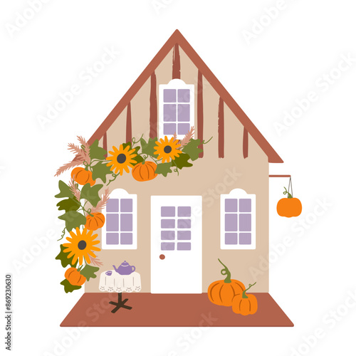 Autumn house vector illustration. Cozy wood cabin with terrace decorated with pumpkins and sunflowers in hand-drawn minimalist flat style isolated on white background. Charming fall cottage