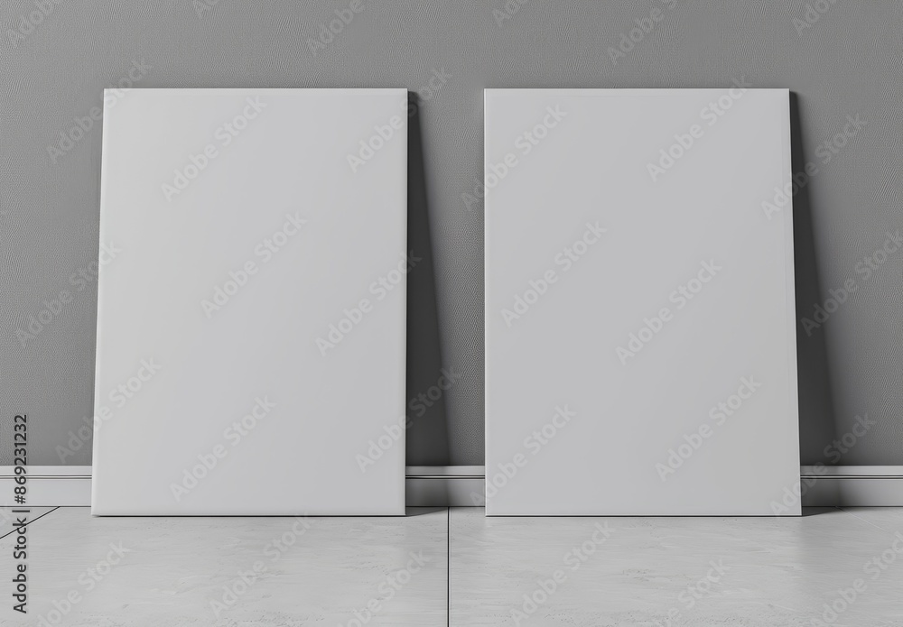 3D rendering of an empty 2 white vertical rectangle A4 paper sheet on the floor over a grey wall 3D rendering of an empty 2 white vertical rectangle A4 paper sheet on the floor over a grey wall