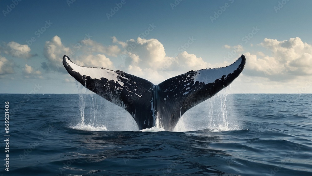 Fototapeta premium A humpback whale tail flups out of the ocean water. Beautiful close-up wildlife mammal photography illustration. Megaptera novaeangliae.