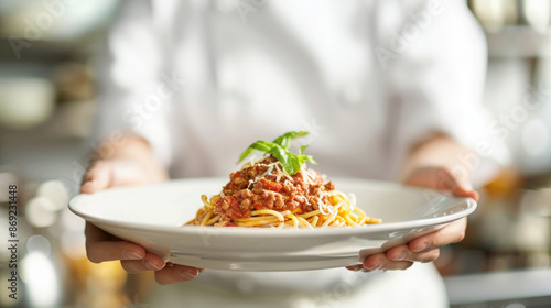 A chef in white attire holds out an elegant plate of spaghetti bolognaise, showcasing the dish's simple yet delicious appearance