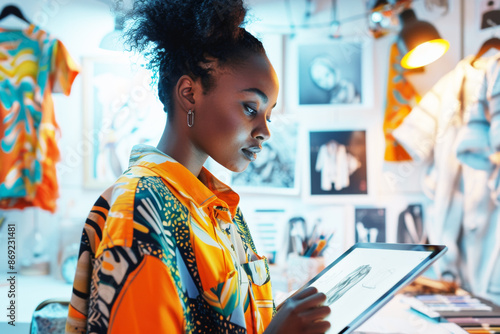 Young black artist focused on sketching sustainable garments on a digital tablet in a studio dedicated to eco-fashion.