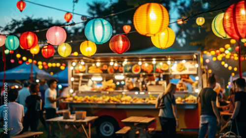 Food truck adorned with festive decorations serving holiday specials to cheerful customers, joyful street food scene, evening lights and urban celebration atmosphere