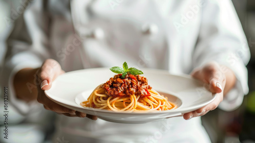 A chef in white attire holds out an elegant plate of spaghetti bolognaise, showcasing the dish's simple yet delicious appearance