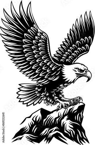 A bald eagle mascot bird with wings spread flying to land on a rock illustration in a vintage woodcut style