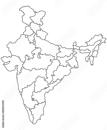 Detailed Outline map of India divided into 28 states & union territories including Jammu & Kashmir and Ladakh