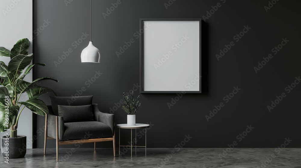 Dark loft living room interior mockup with black poster frames on grey wall Dark loft living room interior mockup with black poster frames on grey wall