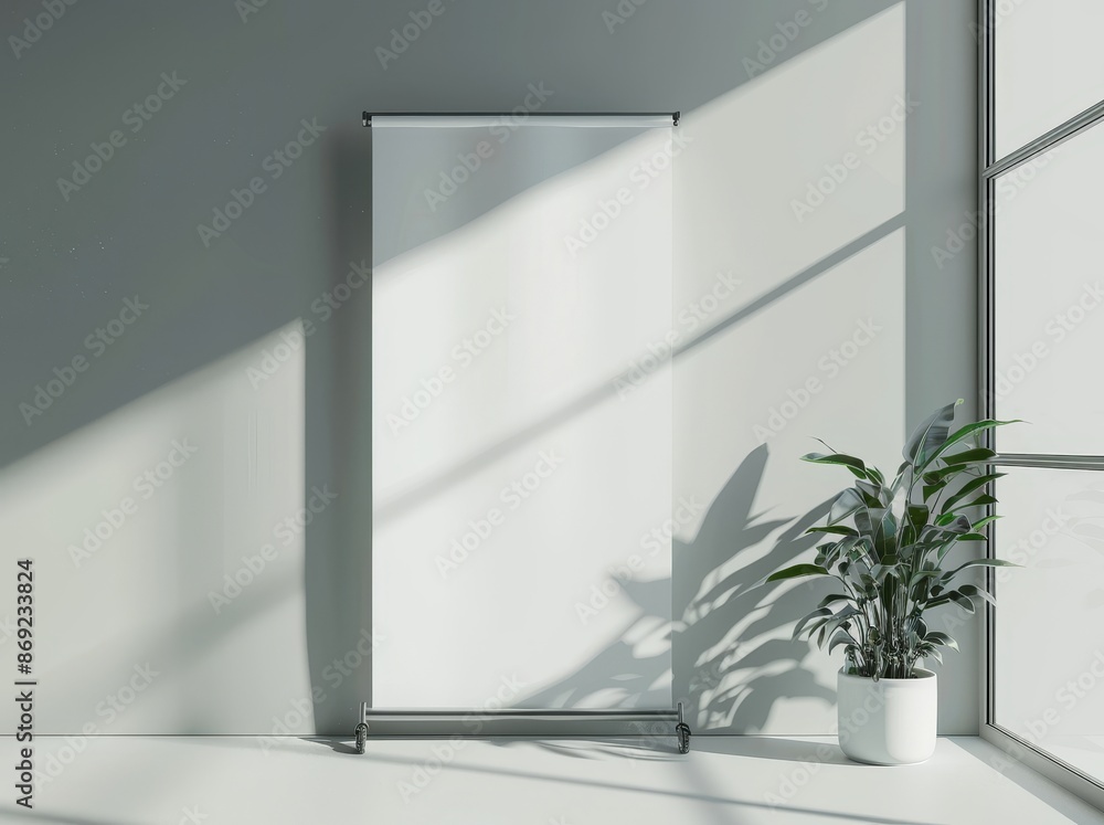 On a grey background, a mockup of a roll-up banner is shown On a grey background, a mockup of a roll-up banner is shown