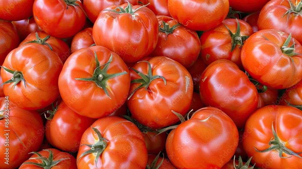 A close-up shot of red ripe tomatoes in a farmers market, showcasing their vibrant color and juicy texture A close-up shot of red ripe tomatoes in a farmers market, showcasing their vibrant color and juicy texture