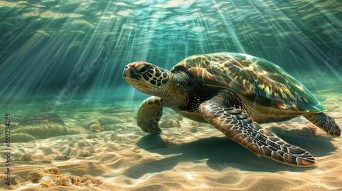 The turtle under ocean waves © YulaStock