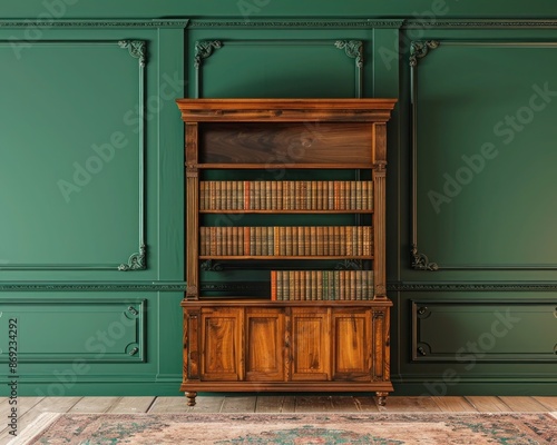 A traditional fir wood bookshelf with a classic design, standing against a hunter green luxury house wall. photo