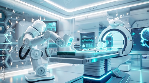 A modern abstract concept of medical AI featuring a sleek and futuristic hospital room with