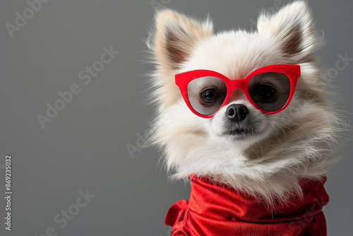 white cute pomeranian wearing a red dress and sunglasses © boyhey