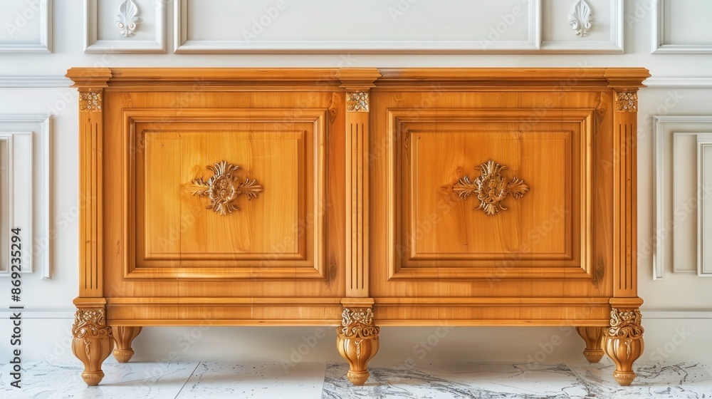 A traditional cedar wood sideboard with decorative moldings, set against an ivory luxury house wall. A traditional cedar wood sideboard with decorative moldings, set against an ivory luxury house wall.