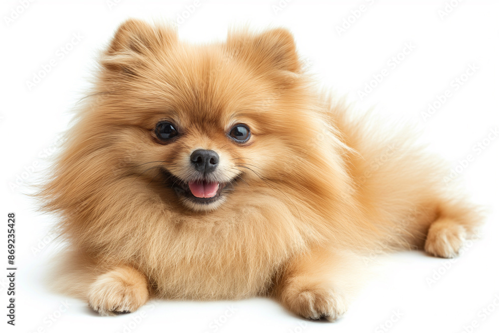 A Pomeranian with a fluffy, thick coat in a vibrant shade of golden white. on a white background A Pomeranian with a fluffy, thick coat in a vibrant shade of golden white. on a white background