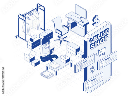 An isometric illustration depicting a woman managing an online shop, surrounded by boxes and clothing items, with a large mobile phone screen displaying online shopping elements