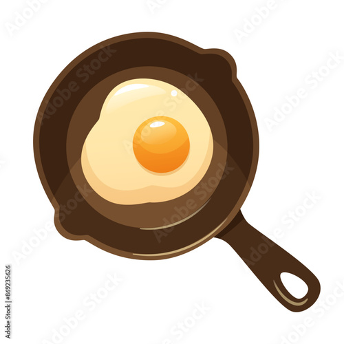 Camp scrambled eggs in a cast iron frying pan. One egg is fried in a frying pan, top view. Fried egg in a frying pan, cooking, breakfast, morning dish, illustration on a white background.