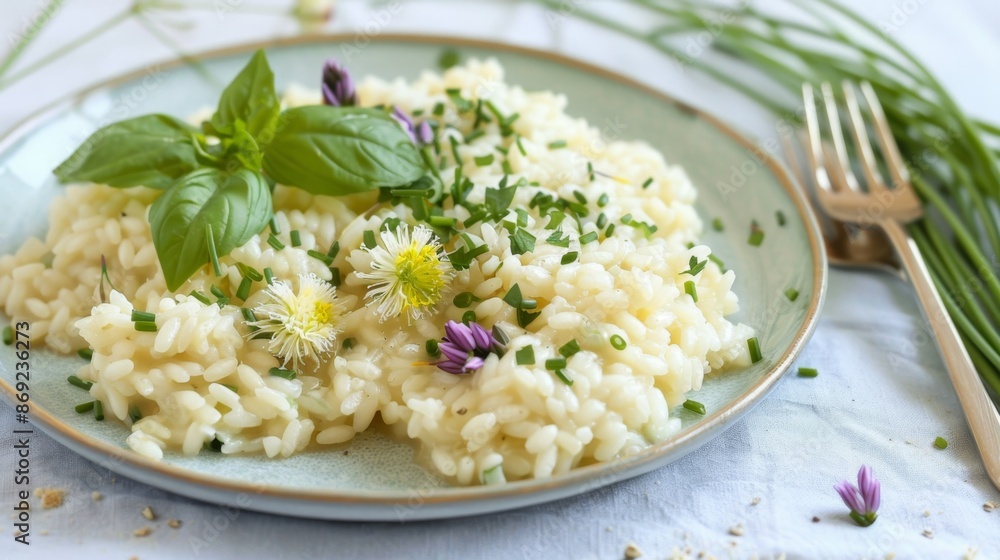 Fresh Homemade Risotto Garnished with Basil and Edible Flowers Fresh Homemade Risotto Garnished with Basil and Edible Flowers