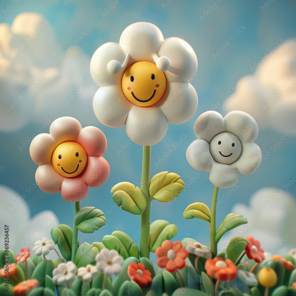 Three smiling flowers with a blue and pink flower in the middle Three smiling flowers with a blue and pink flower in the middle