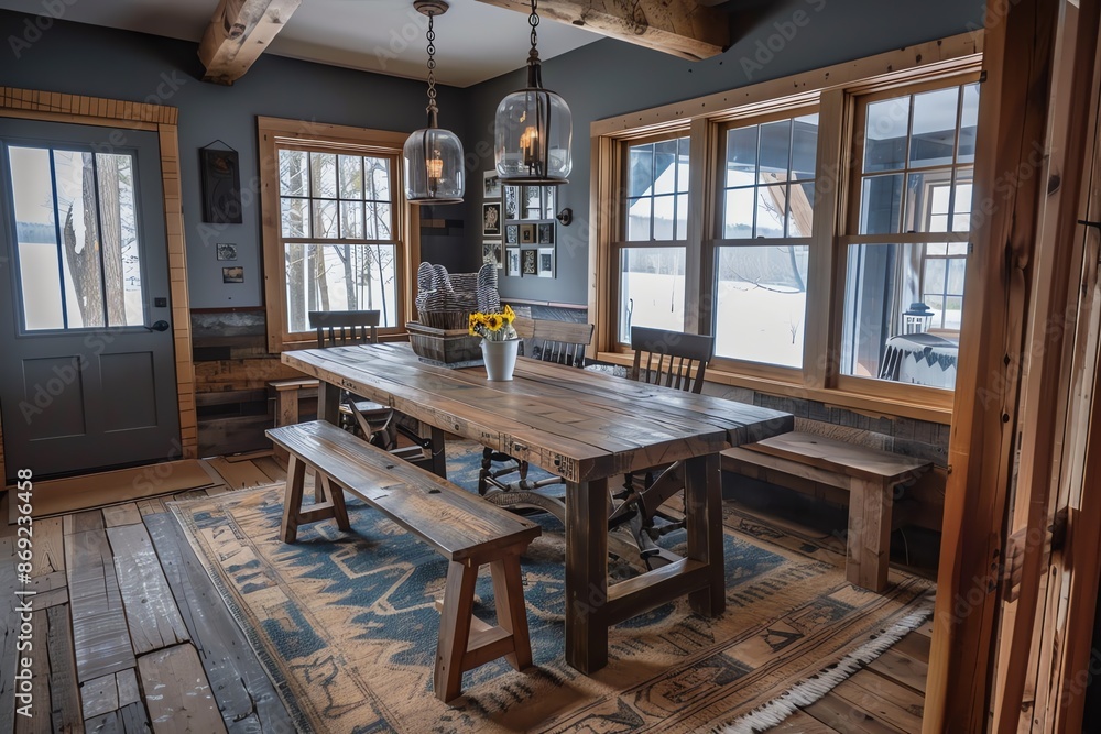 custom made wallpaper toronto digitalSpacious Rustic Dining Room Featuring a Wooden Table and Bench Seating