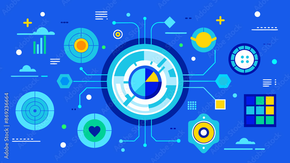 Blue background with various shapes and icons. These shapes represent different aspects of the theme related to technology. Stylized in a flat style. Blue background with various shapes and icons. These shapes represent different aspects of the theme related to technology. Stylized in a flat style.