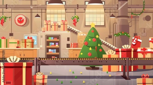 Elements for constructing a Santa Claus factory for Christmas. Kit of Christmas workshop with toys, wrapped gift boxes, automated conveyor belt, gift bag, tree, and clock. photo