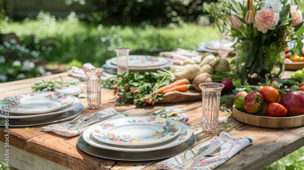 Serene Garden Party Setting with Elegant Tableware and Fresh Food Serene Garden Party Setting with Elegant Tableware and Fresh Food