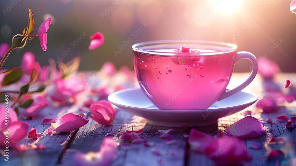 A serene still life of a cup of rose tea with delicate rose petals floating on top, set against a rustic wooden table, soft natural light A serene still life of a cup of rose tea with delicate rose petals floating on top, set against a rustic wooden table, soft natural light