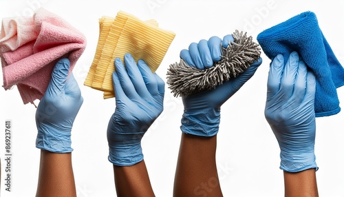 Hände in Handschuhe mit verschiedene Putztücher.  photo