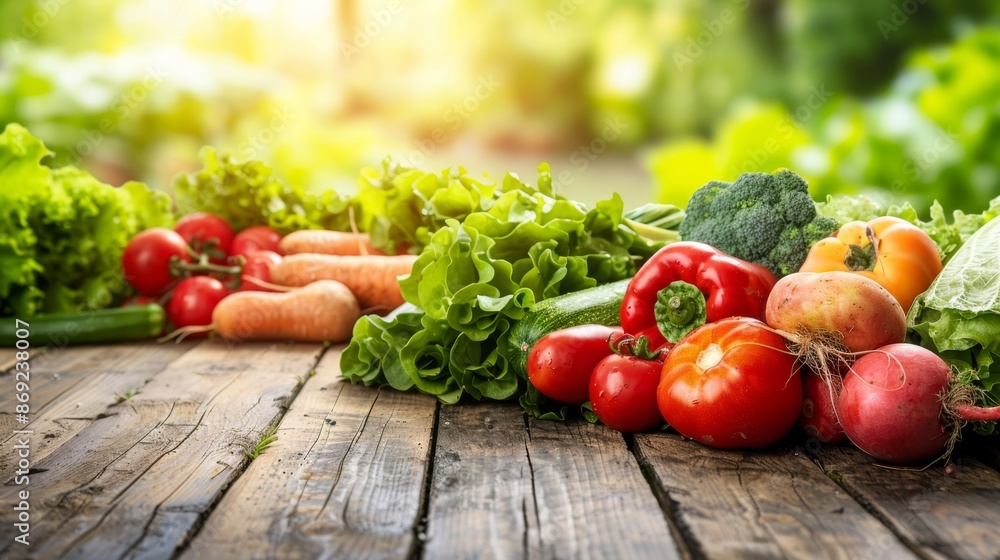 Fresh Organic Vegetables on Rustic Wooden Table in Sunlight Fresh Organic Vegetables on Rustic Wooden Table in Sunlight