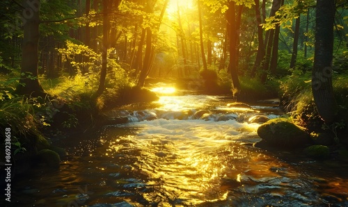 Golden light shining on wild river flowing down , Generative AI