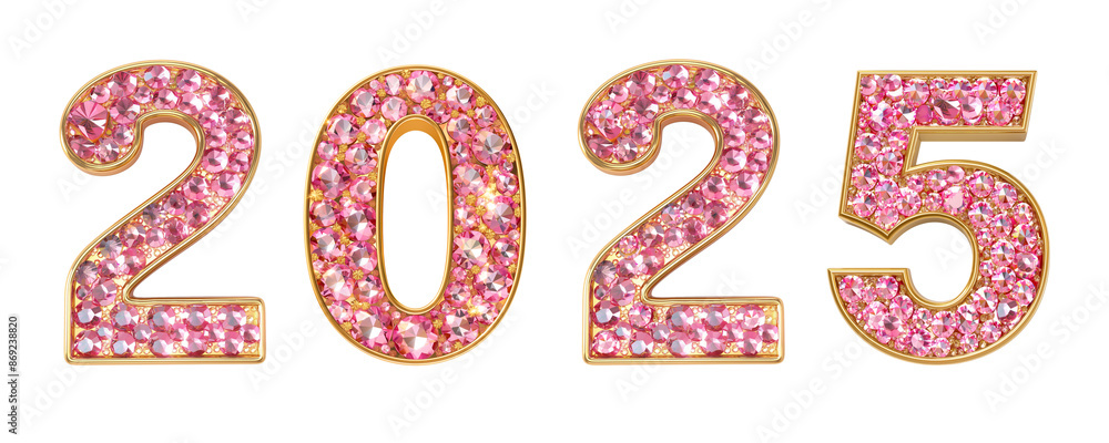 Happy New Year 2025.Numbers with pink gemstones and gold outline. Isolated on transparent background. New Year and celebration concept for design and print
