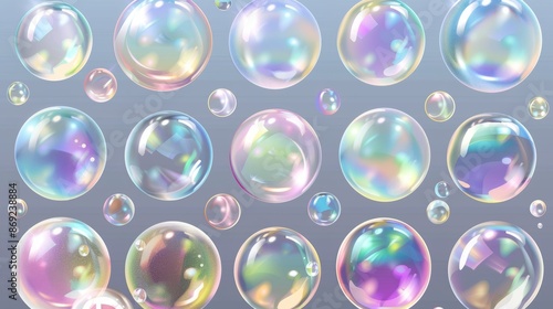 Colorful soap bubbles set isolated on transparent background, realistic illustration of shampoo and water balls with light reflection on iridescent surface, laundry or bathroom design elements.