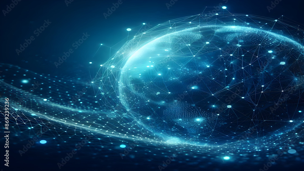 Fototapeta premium Blue abstract background with network grid and particles