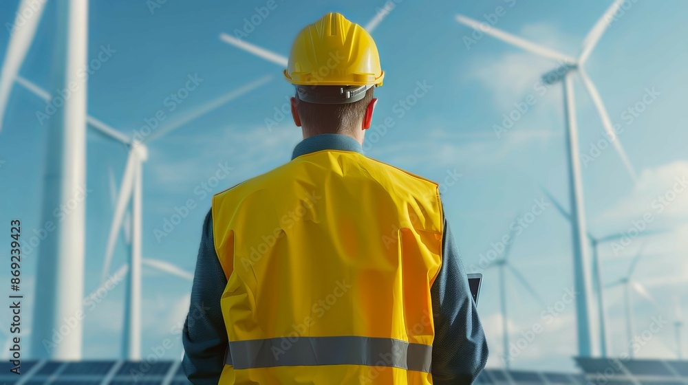 Engineer in yellow safety vest and hard hat inspects wind turbines on a clear day. Renewable energy and sustainable power concept. Engineer in yellow safety vest and hard hat inspects wind turbines on a clear day. Renewable energy and sustainable power concept.