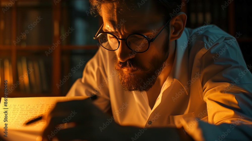 Focused man with glasses writing on a desk at night, illuminated by warm light, surrounded by books, deep in thought. Focused man with glasses writing on a desk at night, illuminated by warm light, surrounded by books, deep in thought.