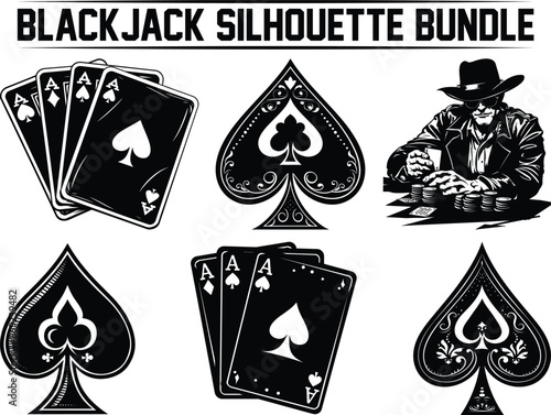 Blackjack silhouette bundle, Blackjack glyph icon. Card game. Twenty-one. Casino. Silhouette symbol. Negative space. Blackjack silhouette set.