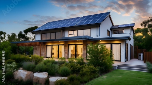 Eco-Friendly Modern Home with Lush Solar-Powered Garden Landscape © yelosole