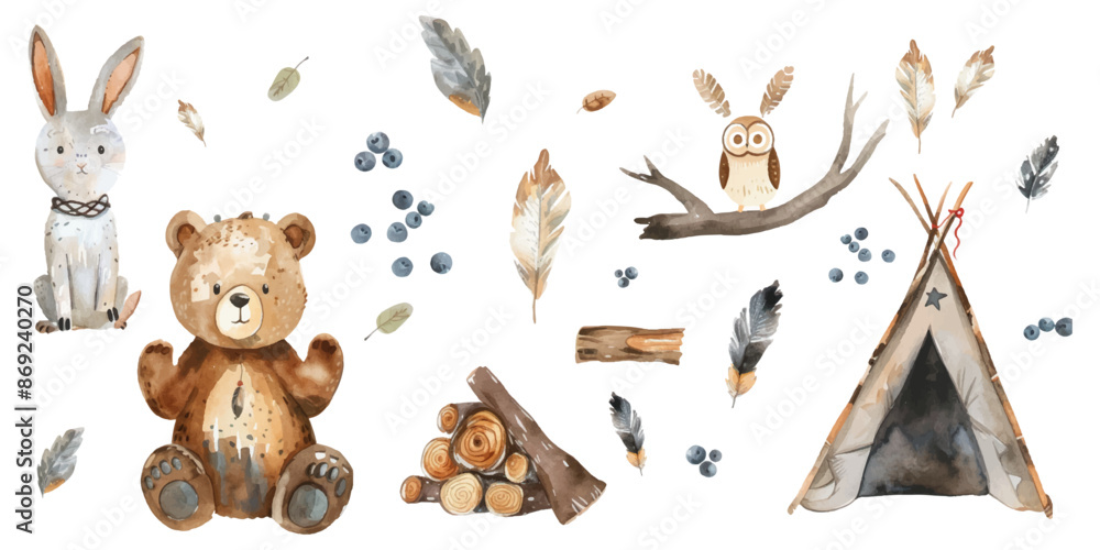 custom made wallpaper toronto digitalWatercolor boho animal set with a bear, rabbit and bird wearing Indian feather headbands near a teepee tent with firewood and blueberries isolated on a white background.