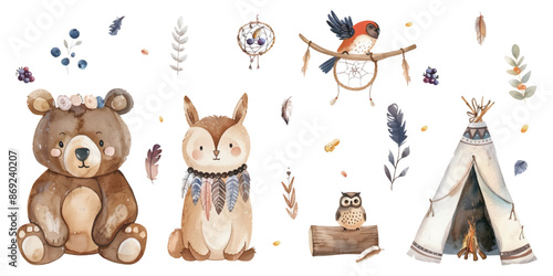 Watercolor boho animal set with a bear, rabbit and bird wearing Indian feather headbands near a teepee tent with firewood and blueberries isolated on a white background.