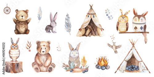 Watercolor boho animal set with a bear, rabbit and bird wearing Indian feather headbands near a teepee tent with firewood and blueberries isolated on a white background.