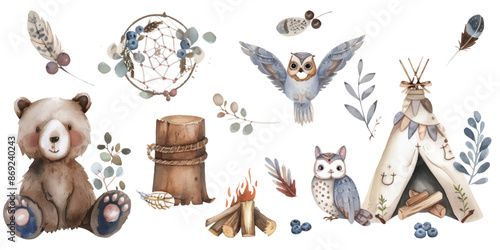 Watercolor boho animal set with a bear, rabbit and bird wearing Indian feather headbands near a teepee tent with firewood and blueberries isolated on a white background.