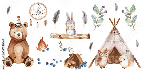 Watercolor boho animal set with a bear, rabbit and bird wearing Indian feather headbands near a teepee tent with firewood and blueberries isolated on a white background.