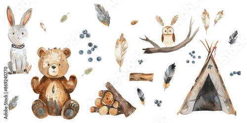 Watercolor boho animal set with a bear, rabbit and bird wearing Indian feather headbands near a teepee tent with firewood and blueberries isolated on a white background.