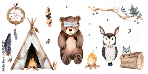 Watercolor boho animal set with a bear, rabbit and bird wearing Indian feather headbands near a teepee tent with firewood and blueberries isolated on a white background.
