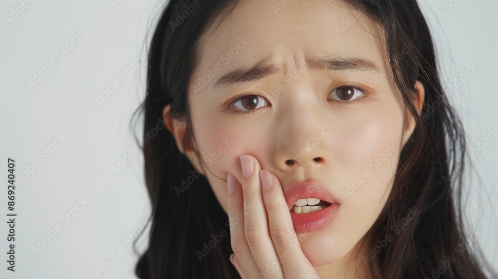 A young woman with dark hair holds her hand to her cheek, her expression etched with the pain of a toothache. The image captures the intense discomfort and vulnerability that come with dental issues A young woman with dark hair holds her hand to her cheek, her expression etched with the pain of a toothache. The image captures the intense discomfort and vulnerability that come with dental issues
