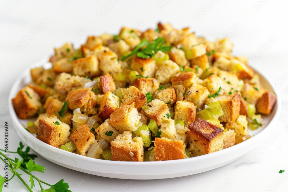 Oven-baked Stuffing with potatoes, baked in the oven, on a plate on a white background Oven-baked Stuffing with potatoes, baked in the oven, on a plate on a white background