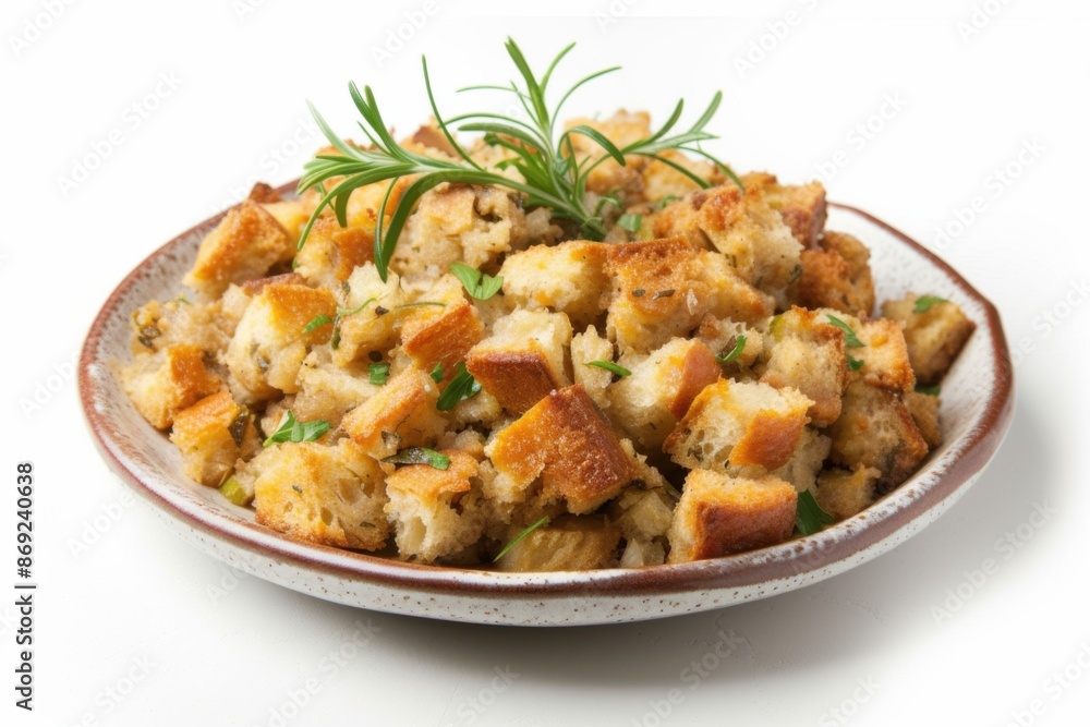Oven-baked Stuffing with potatoes, baked in the oven, on a plate on a white background Oven-baked Stuffing with potatoes, baked in the oven, on a plate on a white background